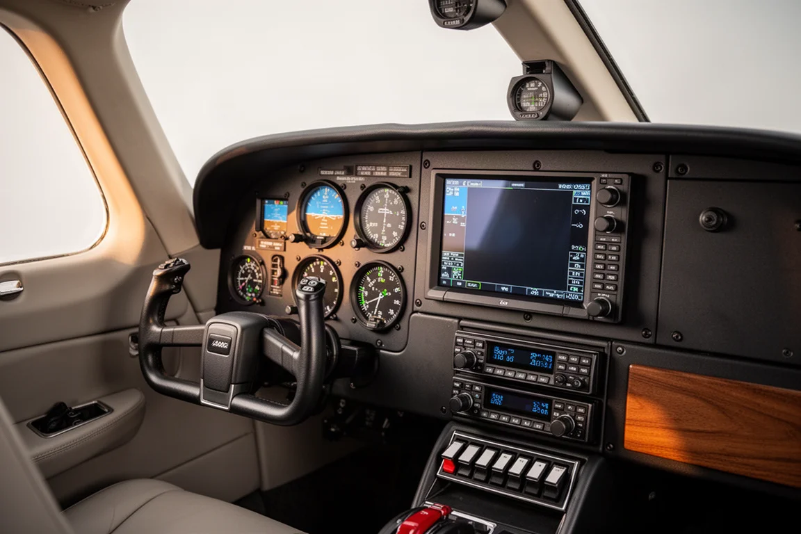 Garmin-equipped general aviation instrument panel with round digital gauges and large touchscreen display