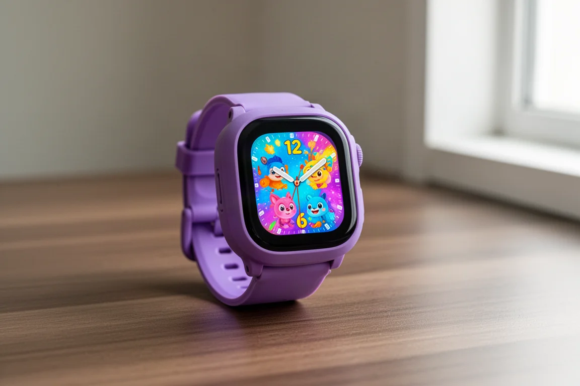 Close do smartwatch infantil exibindo sua tela sensível ao toque brilhante