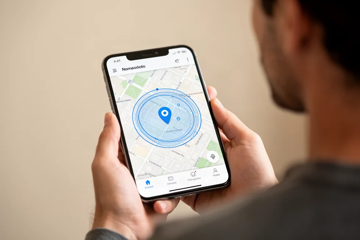Pai conferindo a localização em tempo real do filho em um aplicativo de mapa no celular