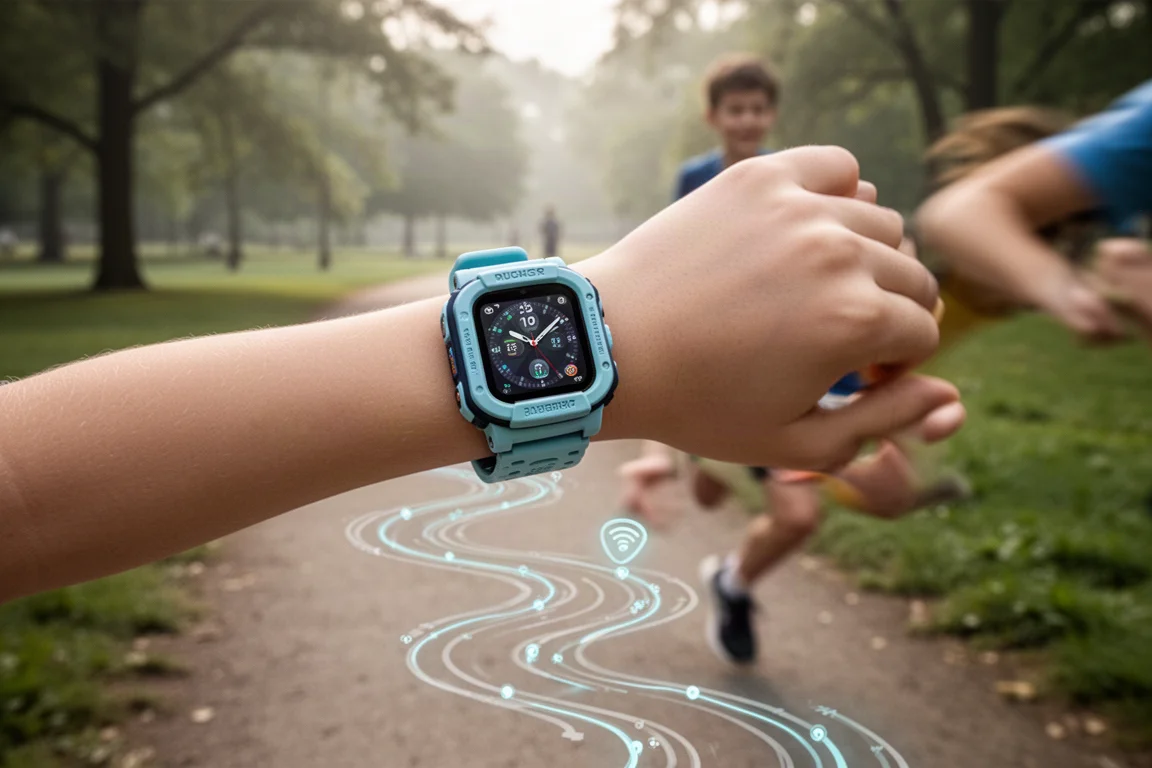 Smartwatch com trilha GPS de uma corrida sobreposta a uma cena de trilha ao ar livre