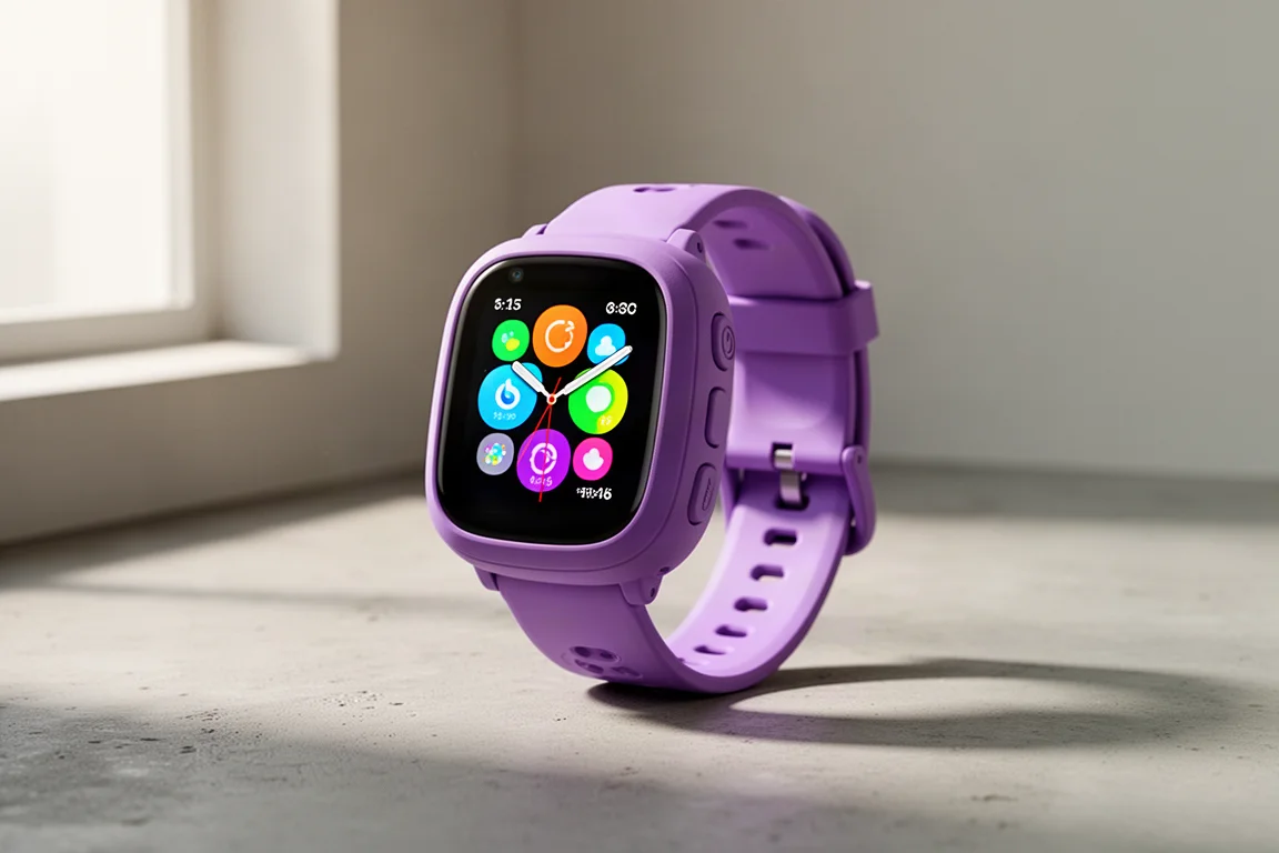 Purple kid-sized GPS smartwatch with touchscreen on a concrete surface