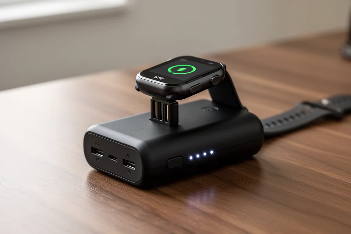 Garmin-horloge geklikt op de oplaadconnector van de batterijbank, met brandende LED's