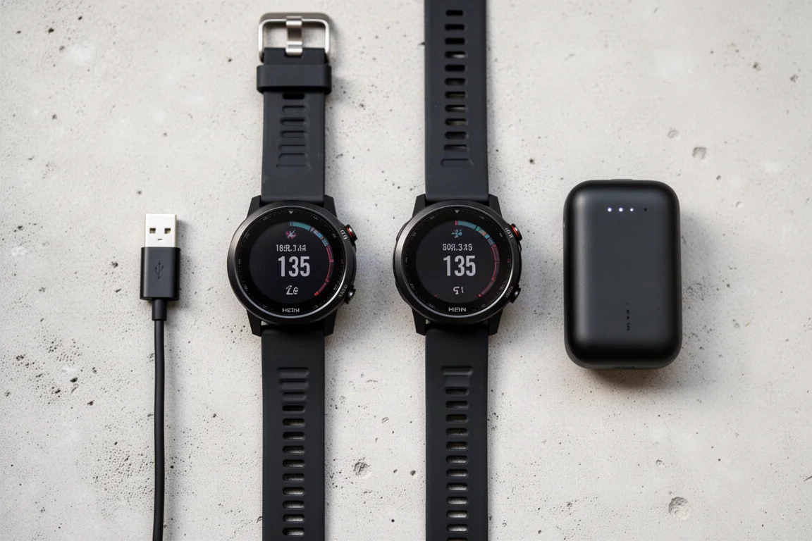 Batterijbank en horloge worden naast elkaar opgeladen via een standaard USB-C-kabel