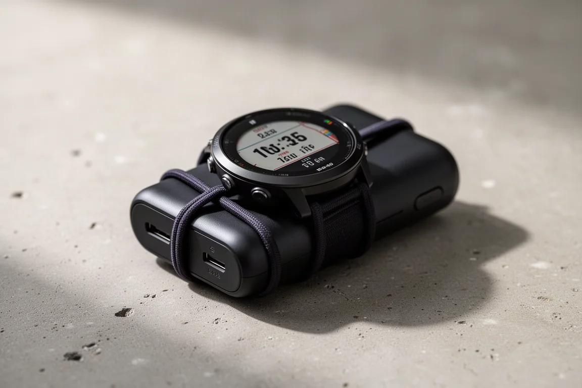 Haar-elastiekje gespannen rond een horloge en batterijbank om het op zijn plek te houden