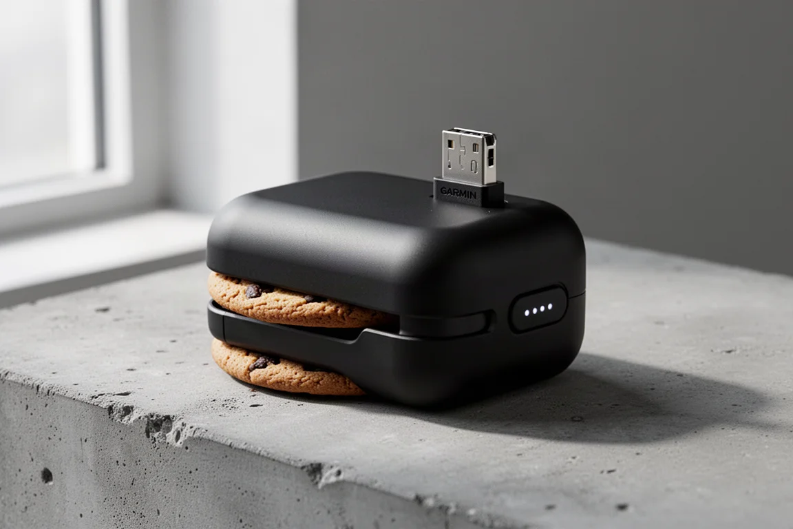 Mały czarny powerbank ze złączem do ładowania zegarka Garmin na górze