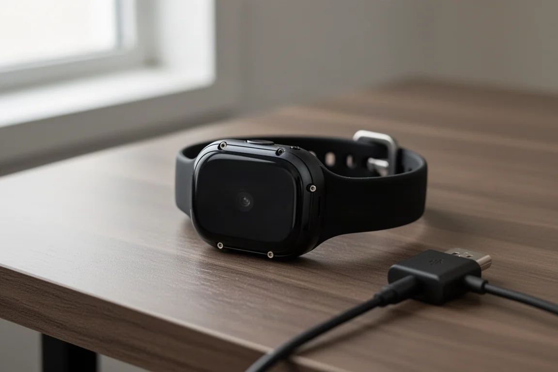 Skärmfritt fitnessarmband med podden borttagen från sitt silikonarmband på ett skrivbord