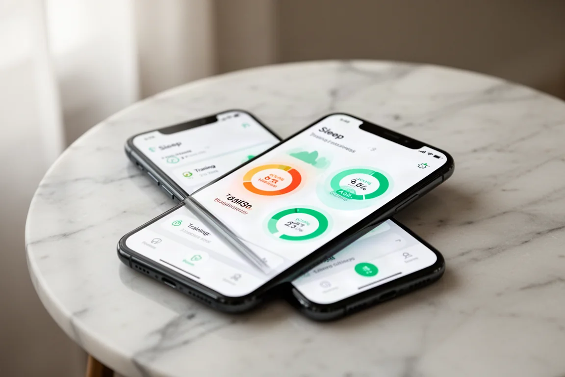 Smartphone som visar en anpassningsbar hälsopanel med sömn- och återhämtningspoäng