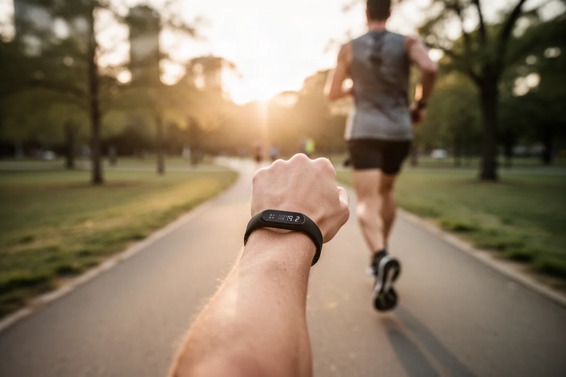 Löpare som startar ett träningspass med ett fitnessarmband synligt på handleden