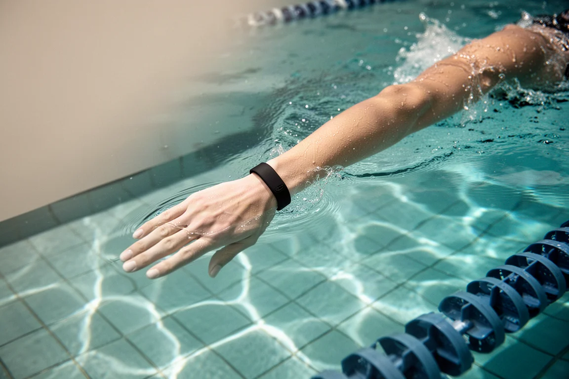Skärmfritt fitnessarmband bärt under ett simpass i en Poolbane
