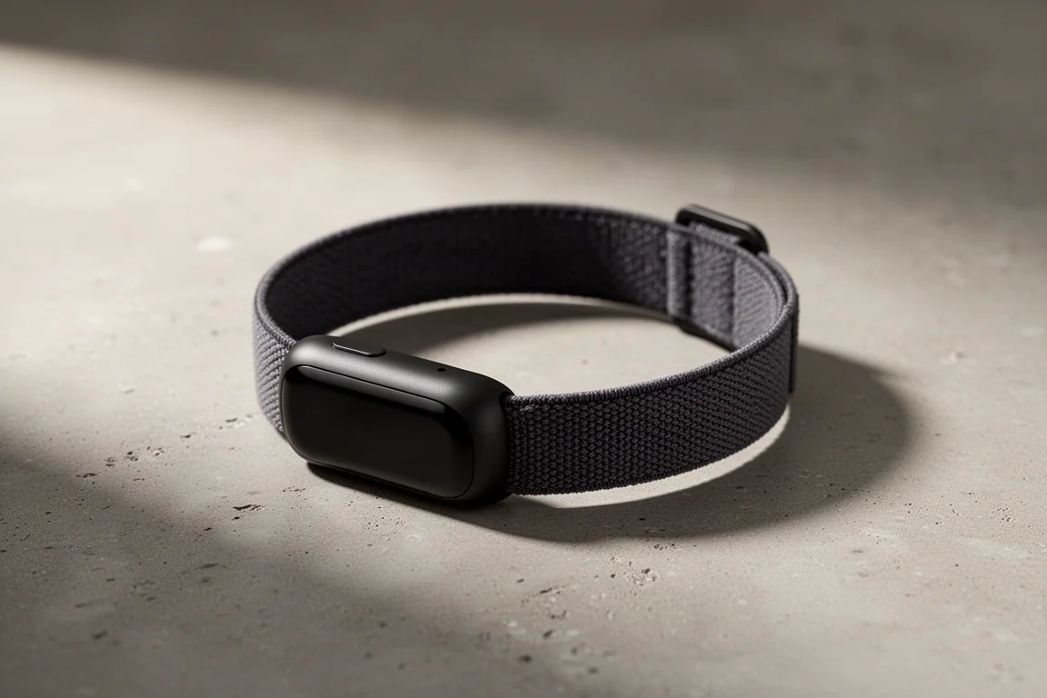 Garmin Circa screenless fitness band with fabric strap on a concrete surface