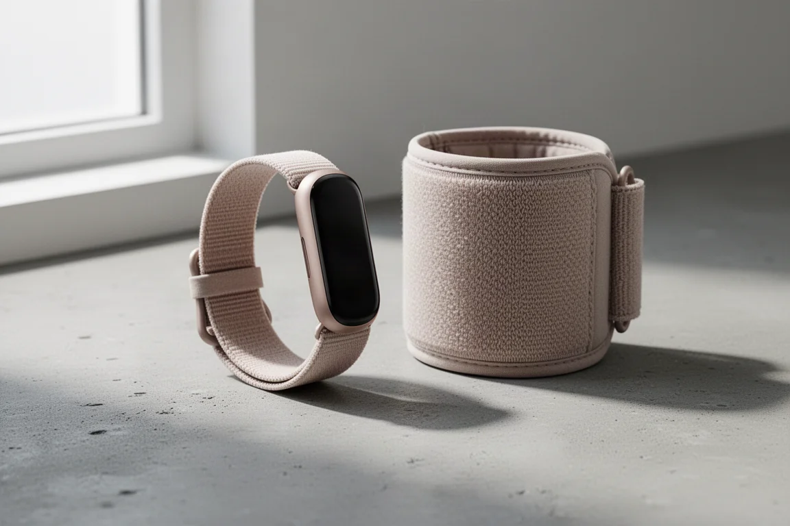 Garmin Circa腕帶、織物腕帶及臂帶放在混凝土表面上