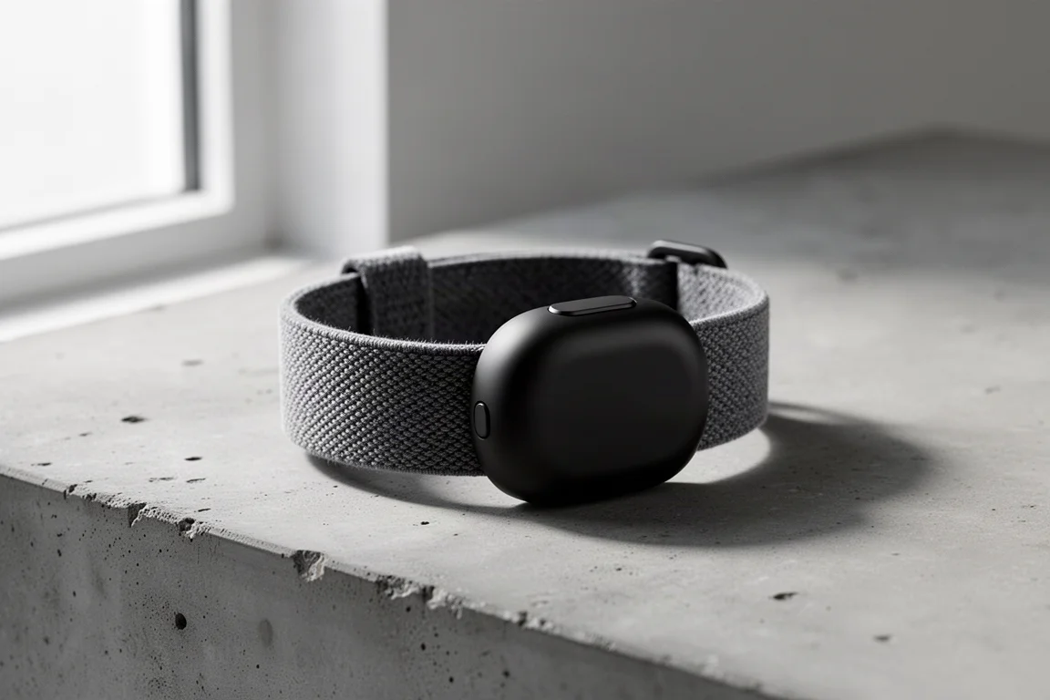 Screenless fabric fitness band with rounded black tracking pod on concrete surface