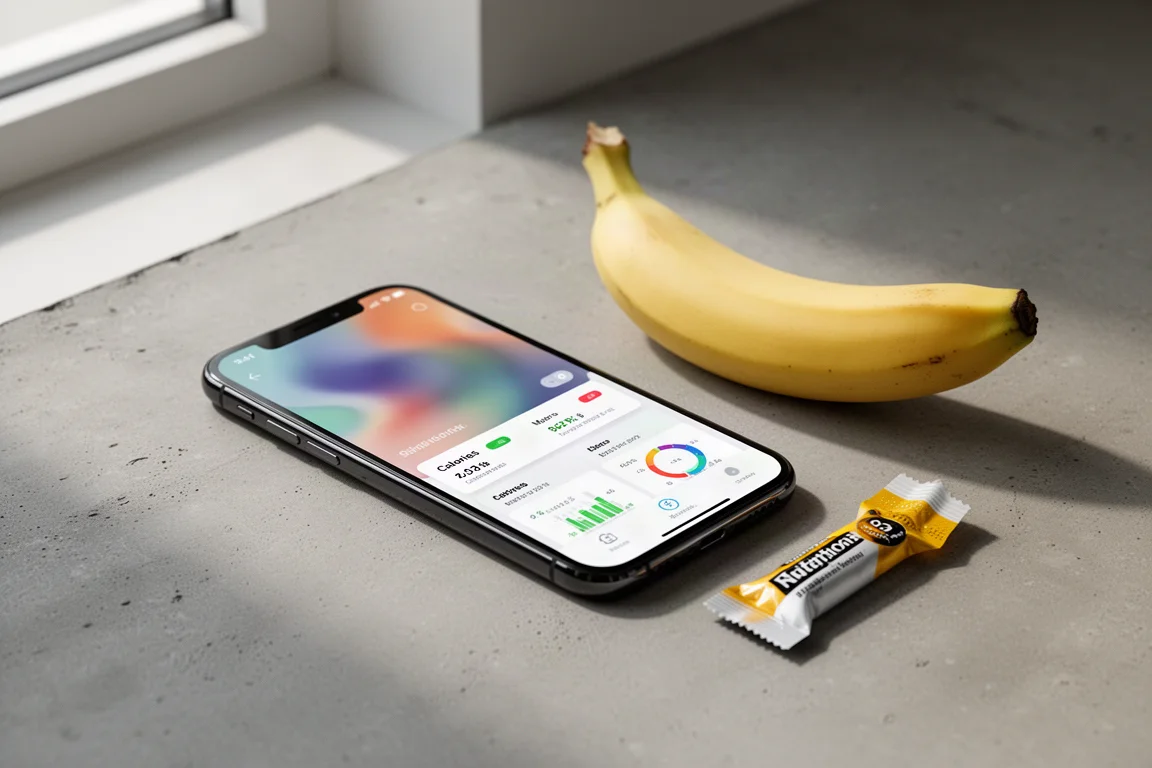 Smartphone showing an abstract nutrition tracking screen beside a banana and energy gel