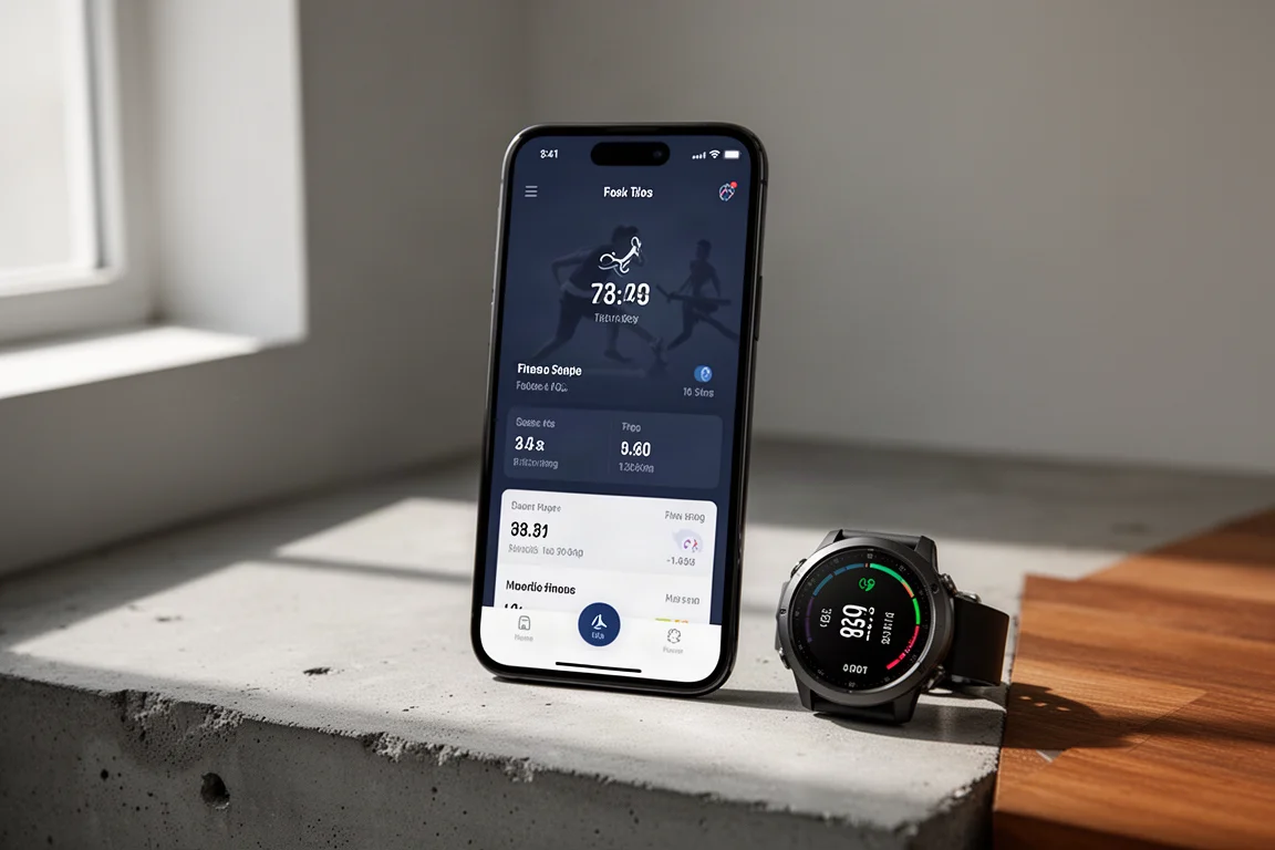 Smartfon z panelem fitness obok zegarka sportowego z GPS na betonie