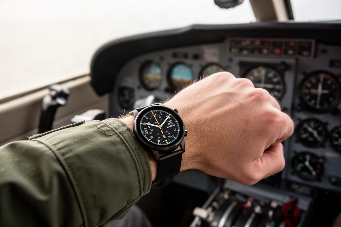 Pilot im Cockpit prüft beim Preflight eine Luftfahrt-Smartwatch