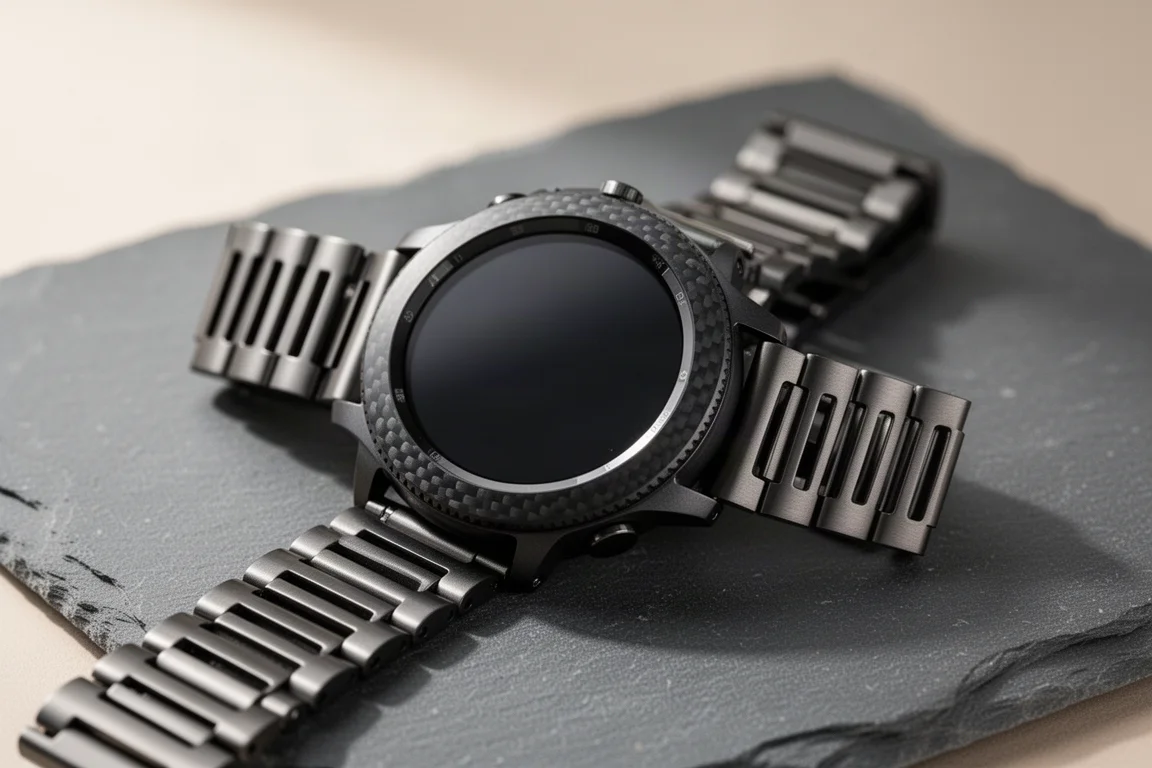 Nahaufnahme einer Premium-Smartwatch-Lünette mit Metallarmband