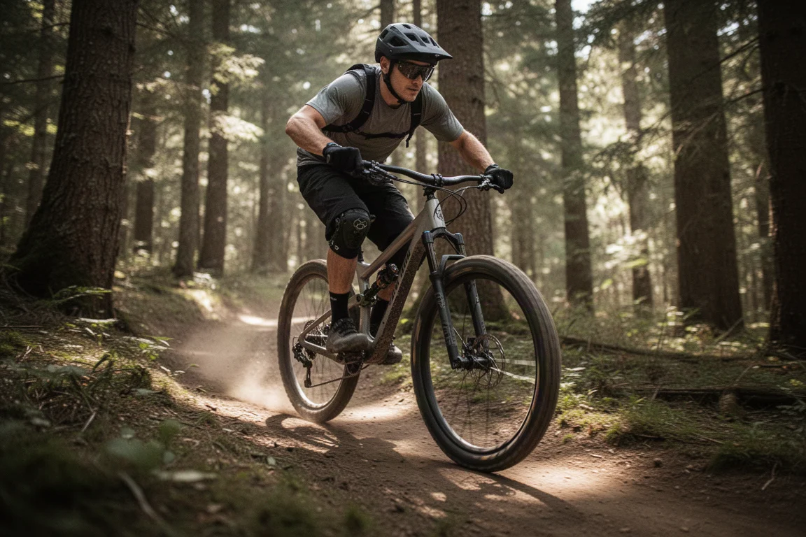Mountainbiker fährt auf einem Waldweg