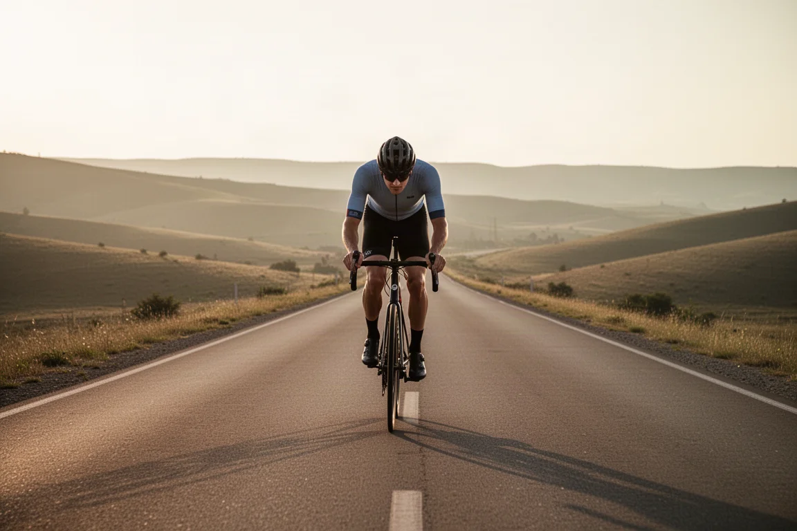 Cykeldator och laddkabel på ett träbord efter ett cykelpass