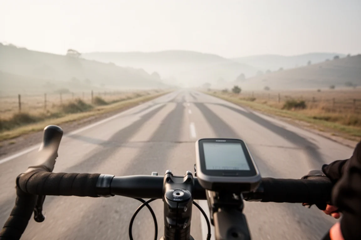 Komputer rowerowy GPS zamontowany na kierownicy w niskim świetle na otwartej drodze