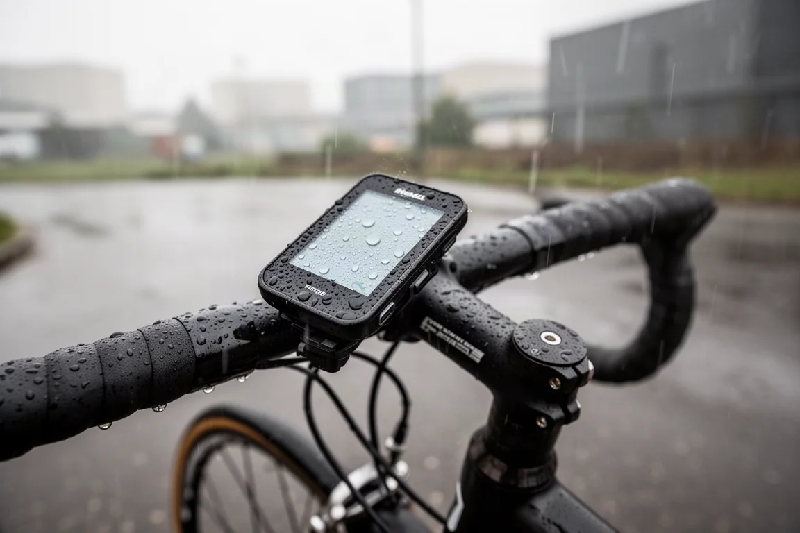 Cyclist standing beside a bike in heavy rain with a GPS unit on the handlebars