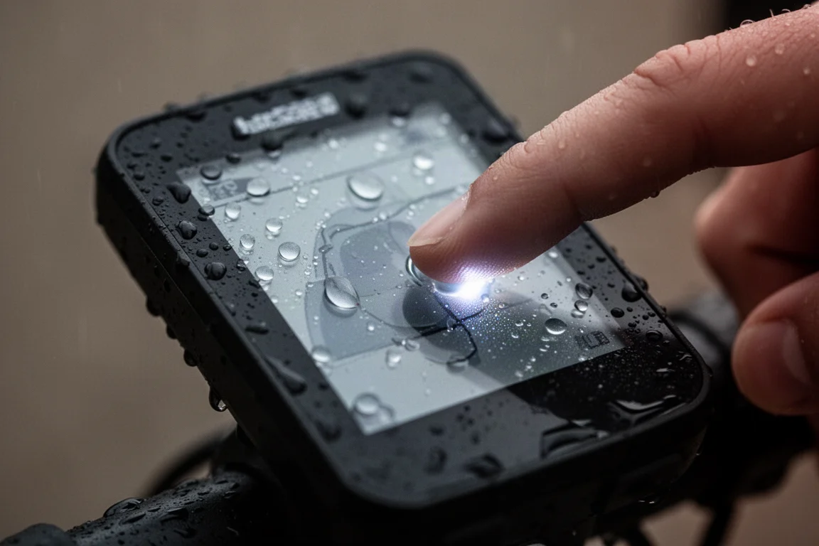 Finger swiping across a wet cycling computer screen with raindrops on the display