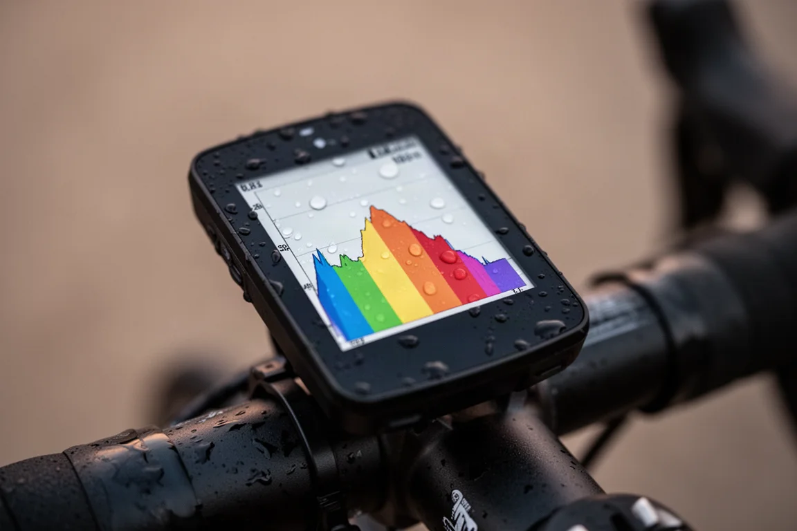 Cycling computer display showing a colour-coded climb profile during rain