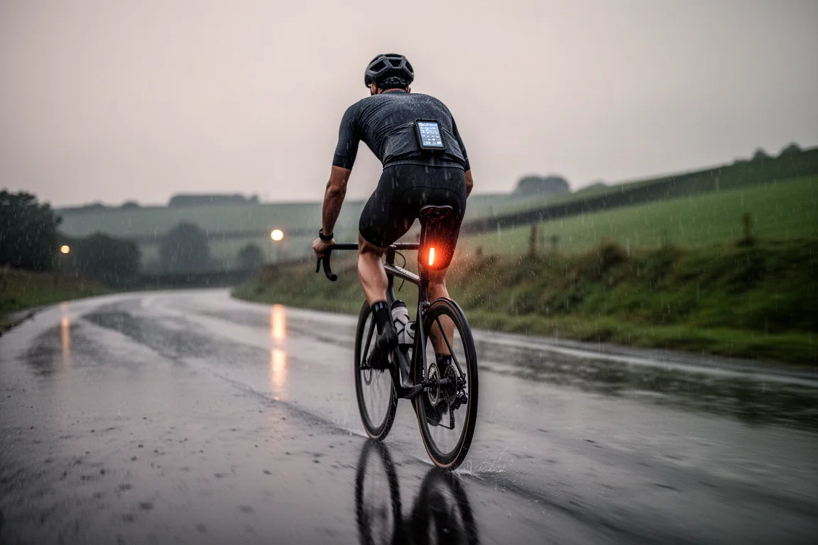 Cyclist riding through a rainy landscape at dusk with glowing handlebar display