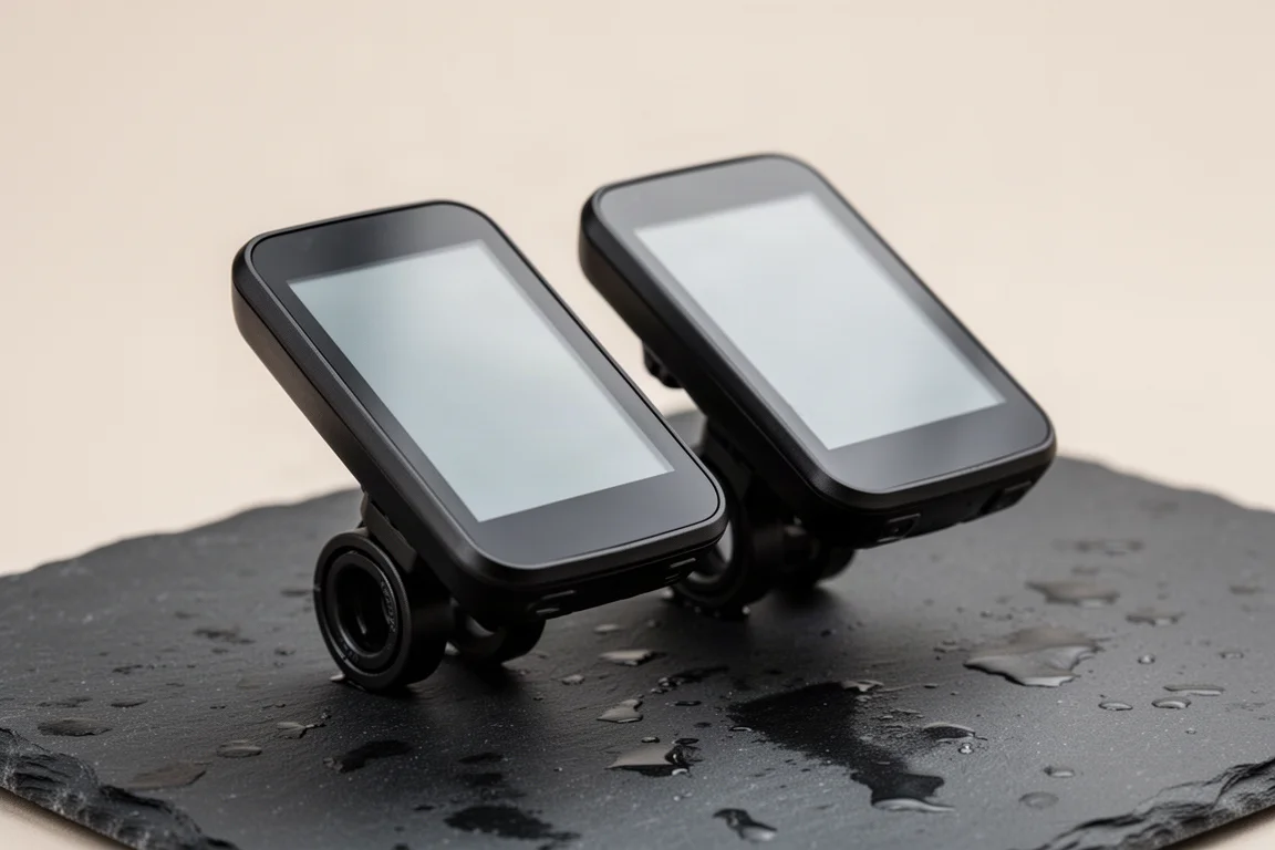 Two Garmin Edge cycling computers mounted side by side on a wet dark surface