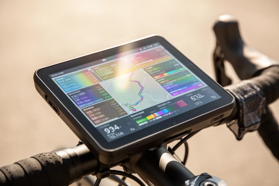 Unidad GPS de ciclismo mostrando una pantalla de estado de la batería con poca luz