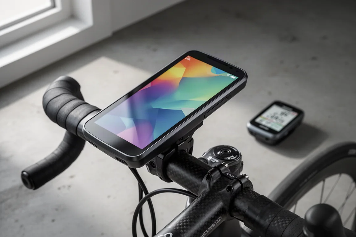 Garmin Edge 1050-fietscomputer met donker scherm op een mat betonnen oppervlak
