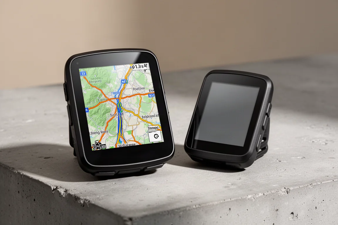 Garmin Edge 1050 and Edge 1040 bike computers side by side on concrete