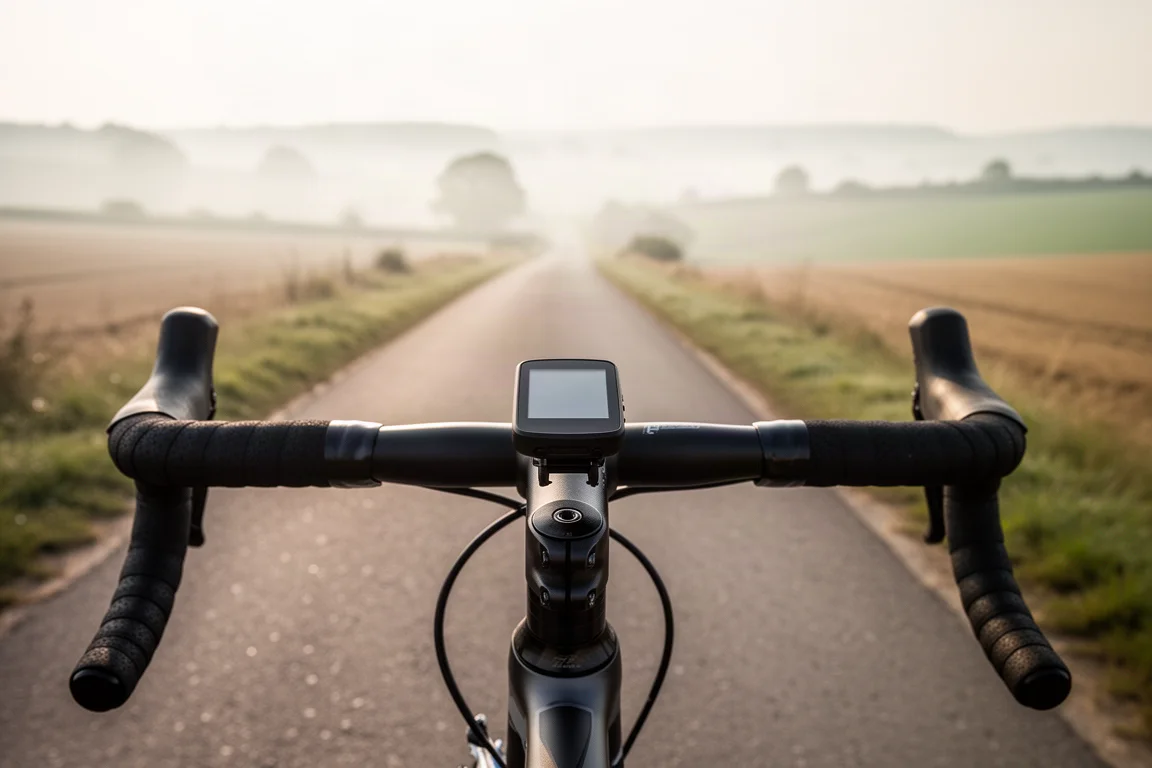 Ciclista conferindo uma unidade GPS fixada no guidão em uma estrada rural iluminada pelo sol