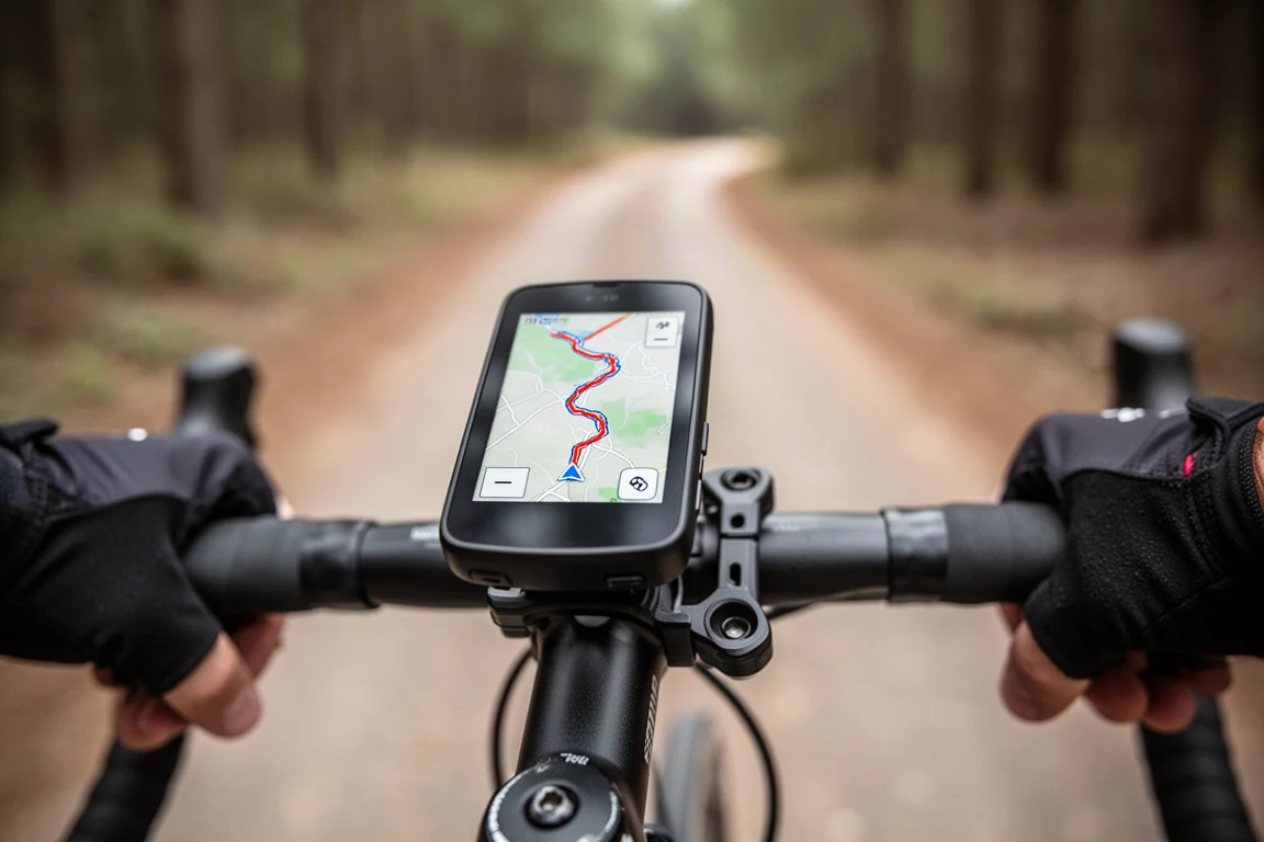 Traçado de GPS multibanda exibido em um computador de ciclismo durante um passeio