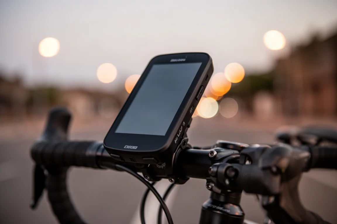 Computador de ciclismo GPS de tela grande montado no guidão ao entardecer