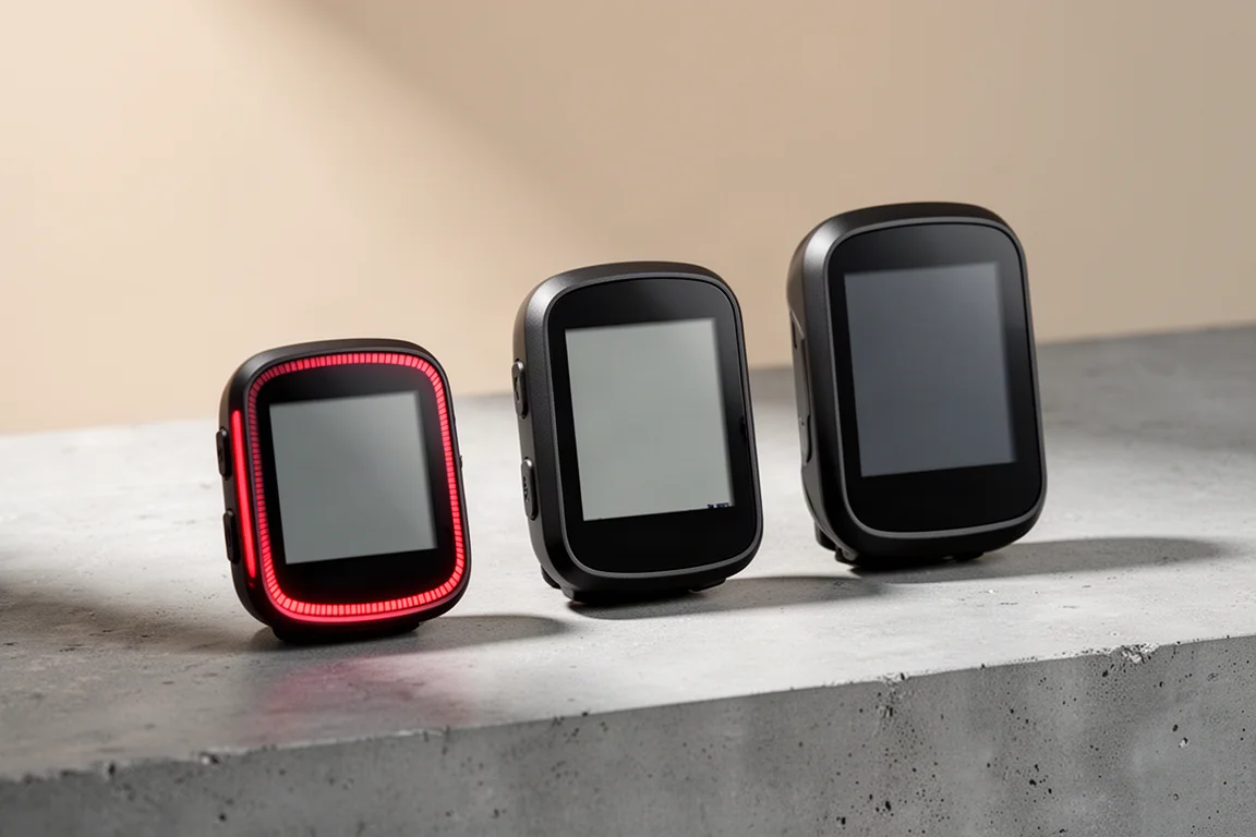 Three Garmin Edge cycling computers of increasing size lined up on a concrete surface