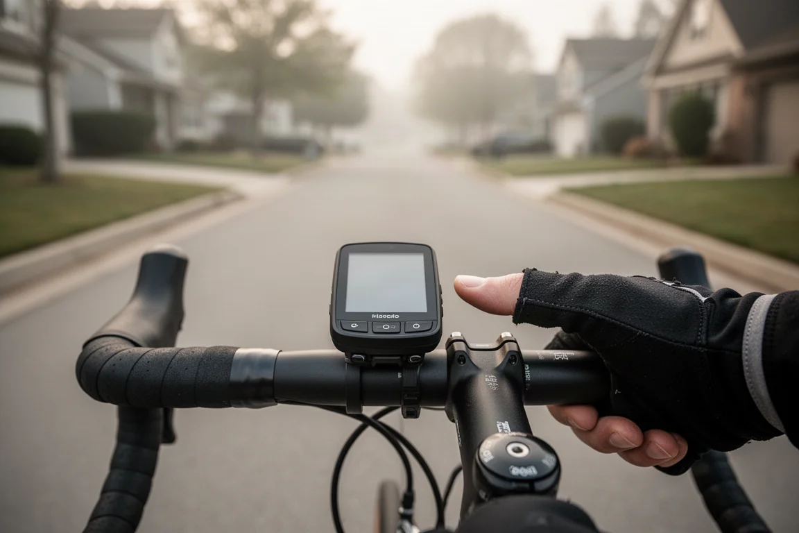 單車手在出發前查看安裝在車把上的 GPS 單車碼錶