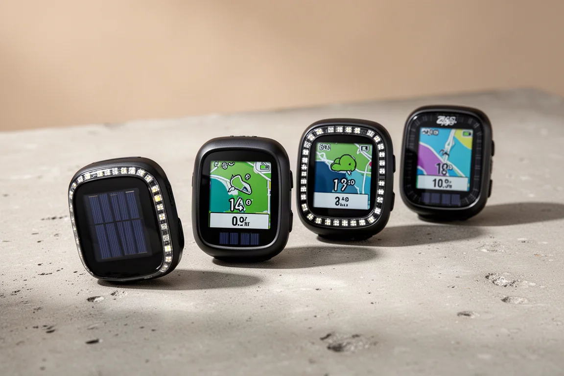 四部 Garmin Edge 單車碼錶排列在混凝土表面上，其中兩部帶有太陽能環