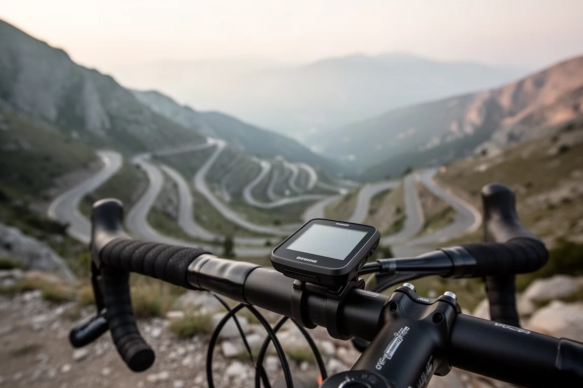 Fiets-GPS-computer gemonteerd op het stuur tijdens een bergbeklimming
