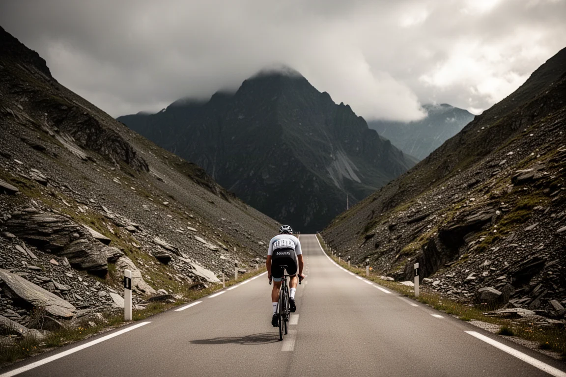 Fietser op een lange alpentocht met een steile helling voor zich