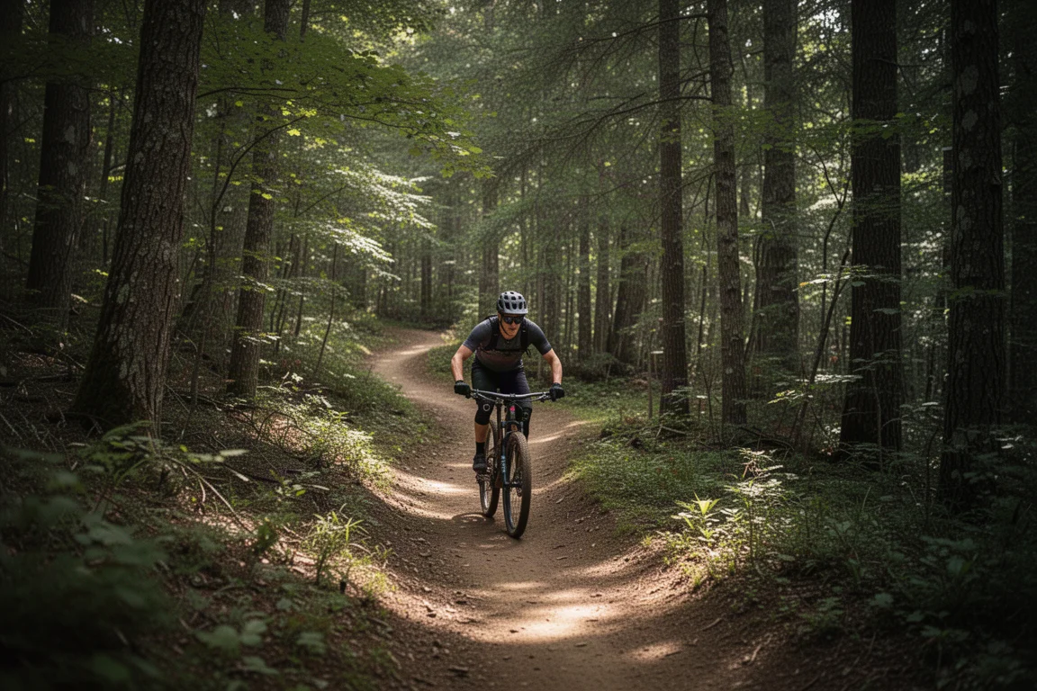Mountainbiker die door het bos rijdt over een singletrack
