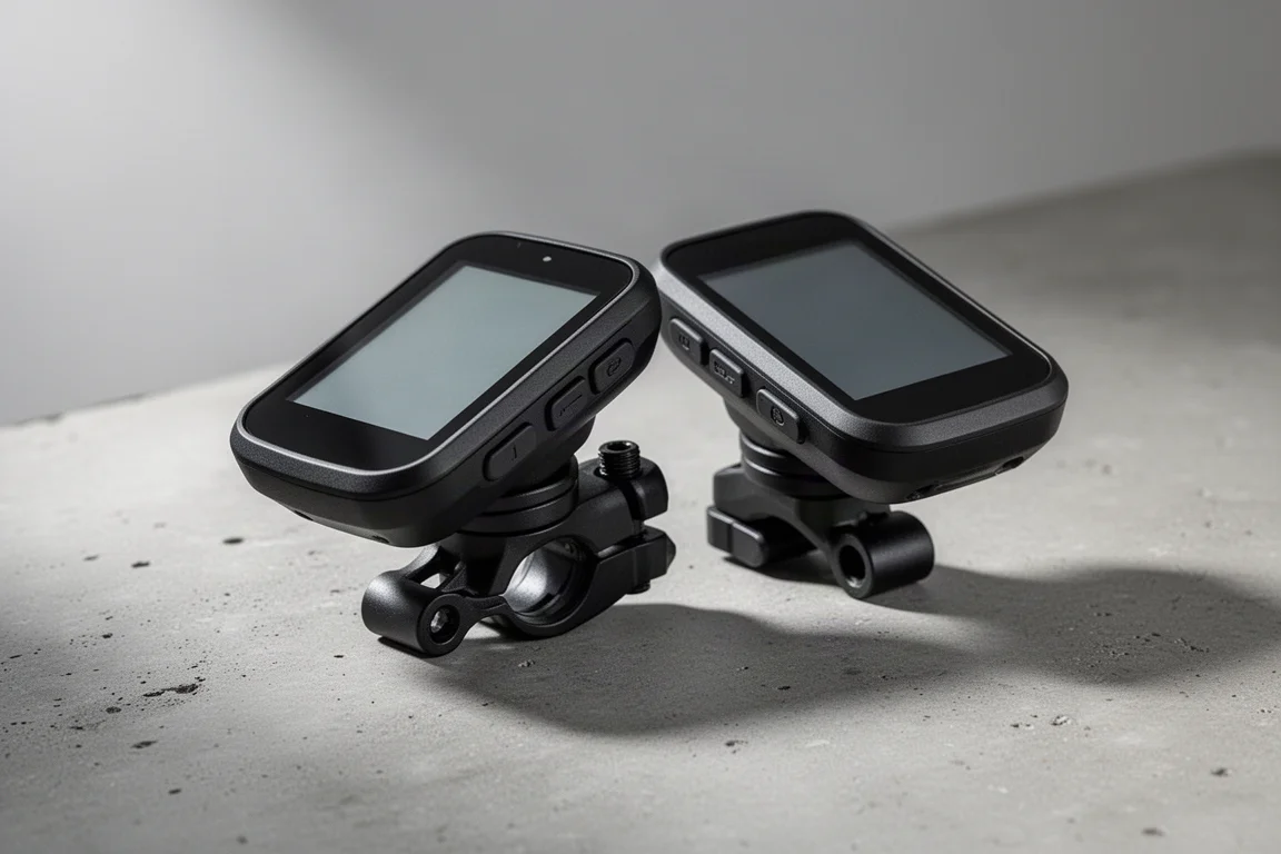 Two Garmin Edge cycling GPS computers side by side on a concrete surface