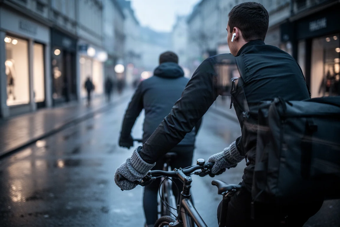 Rowerzysta jadący przez miejską ulicę o zmierzchu, w tle rozmyte światła tylne