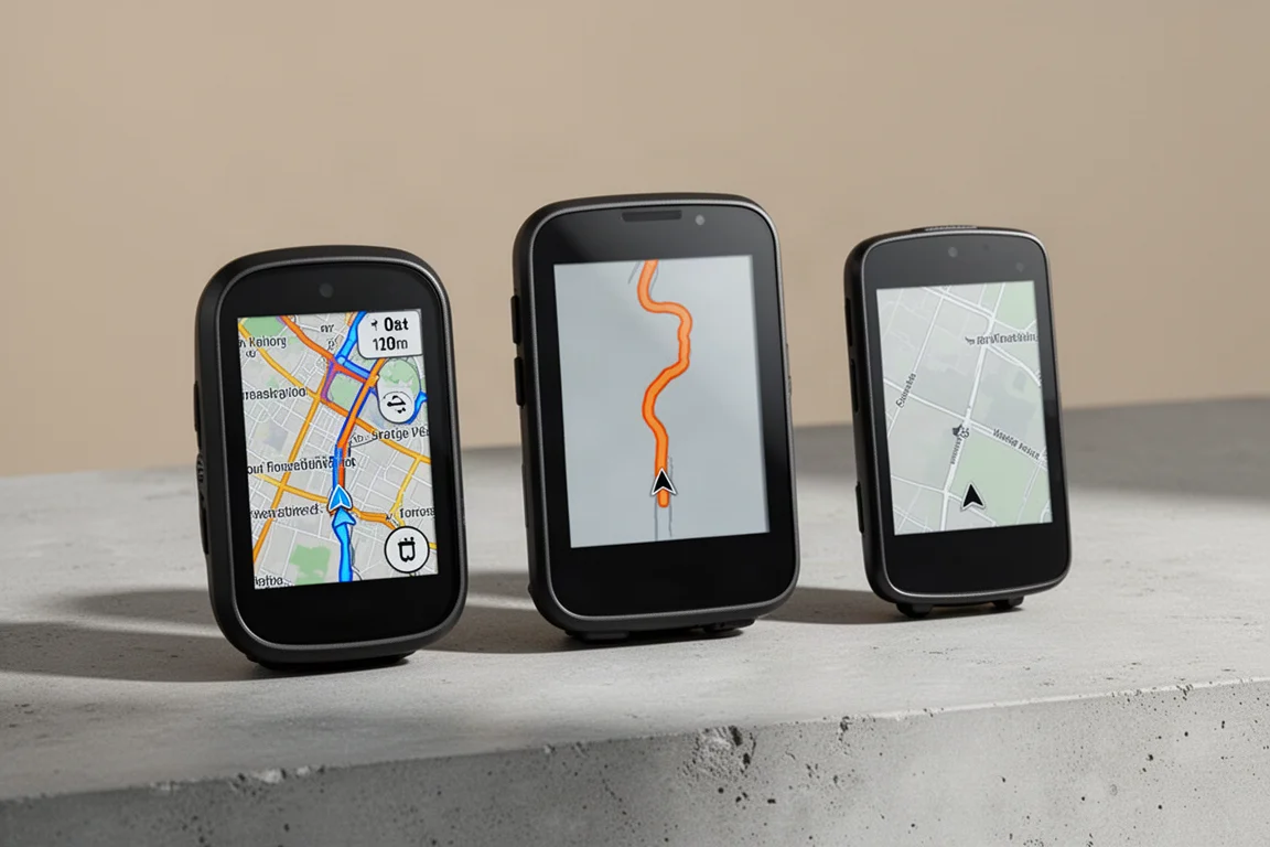 Trzy komputery rowerowe z GPS obok siebie na betonowej powierzchni