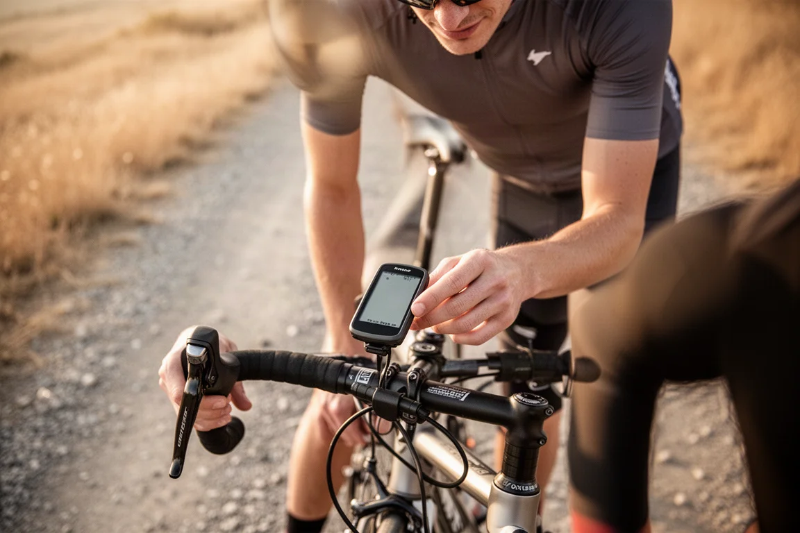 Cyclist checking a handlebar-mounted GPS computer on a sunny gravel road