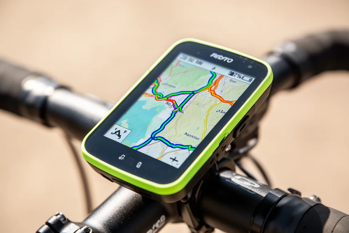 Close-up of a cycling computer touchscreen showing a map in bright sunlight