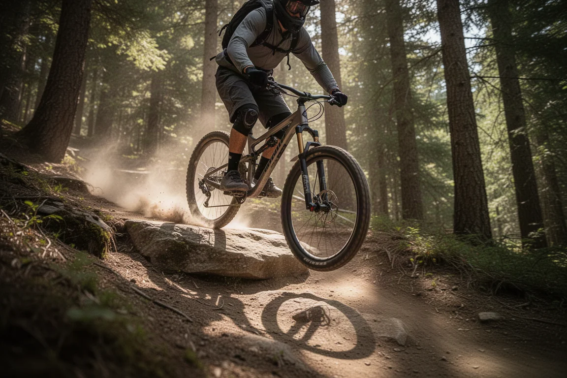 Mountain biker riding a rocky downhill switchback trail in dappled forest light