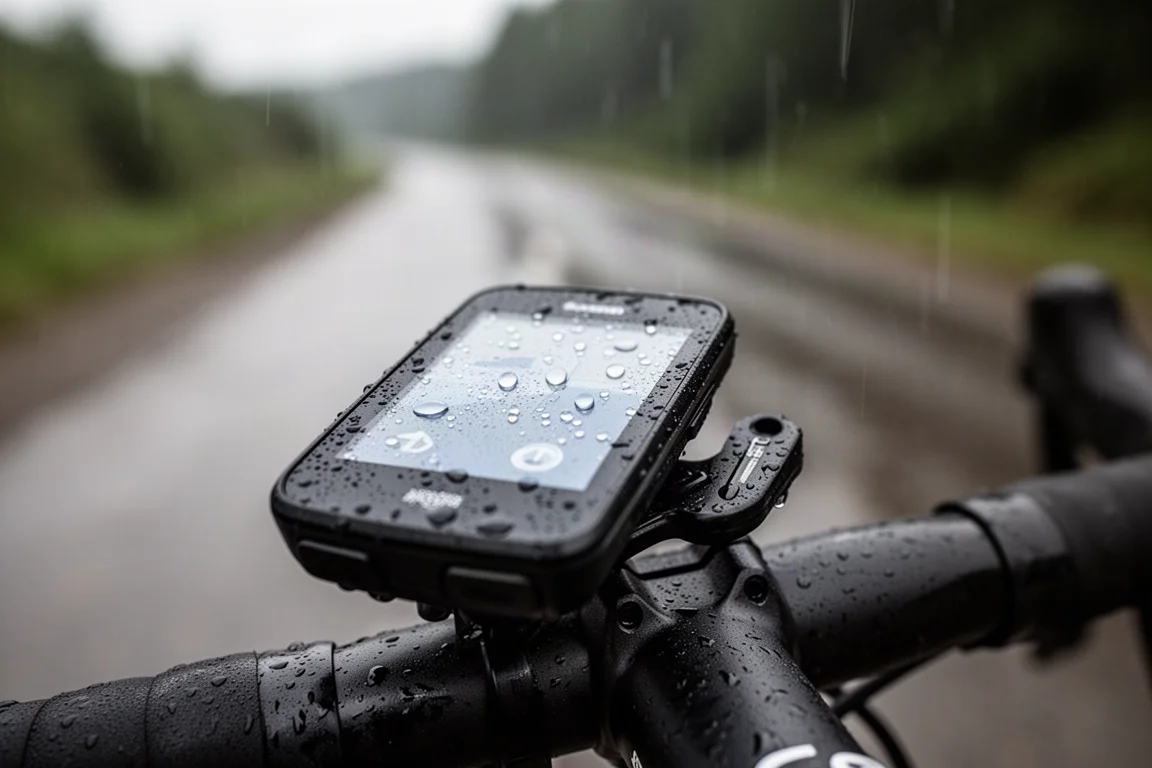 Cycling computer mounted on a handlebar during a rainy ride with wet screen