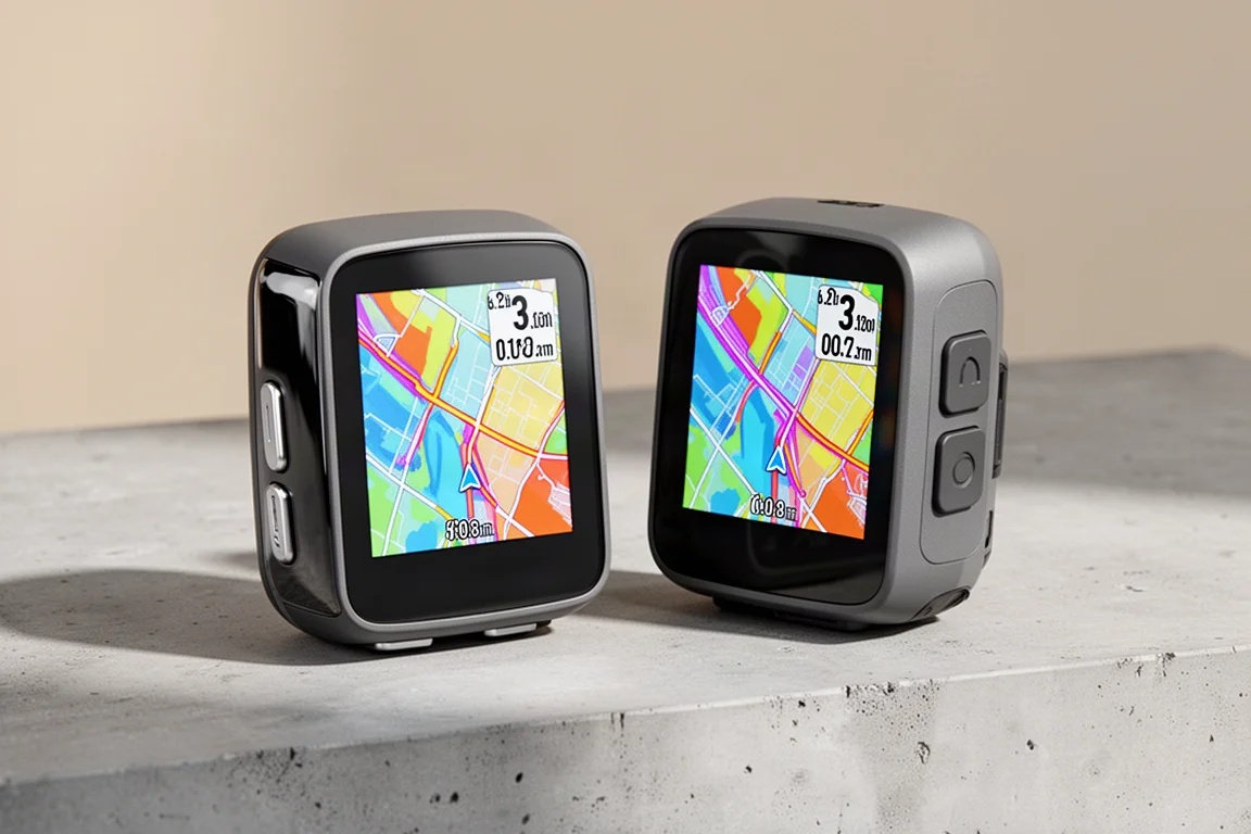 Two Garmin Edge bike computers side by side on a concrete surface