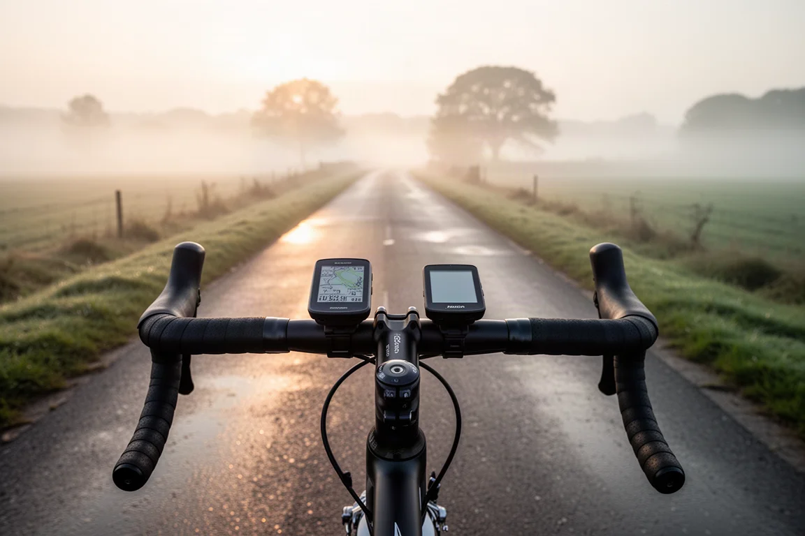 Radfahrer, der auf einer ruhigen Landstraße kurz auf den am Lenker montierten Bikecomputer blickt