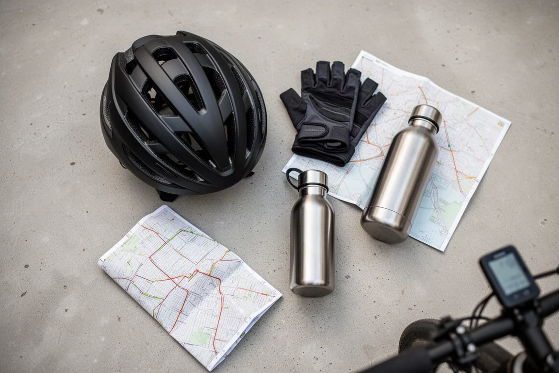Flach gelegte Draufsicht auf Radsport-Essentials auf einer Betonfläche